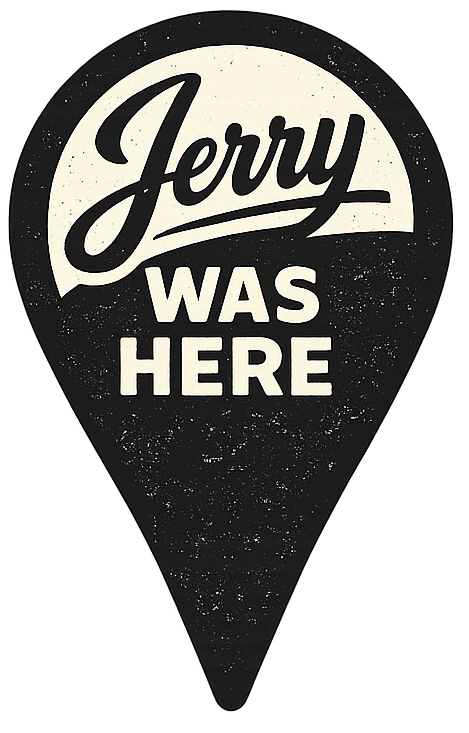 Jerry Was Here vintage travel-style logo in a black map pin shape with retro typography